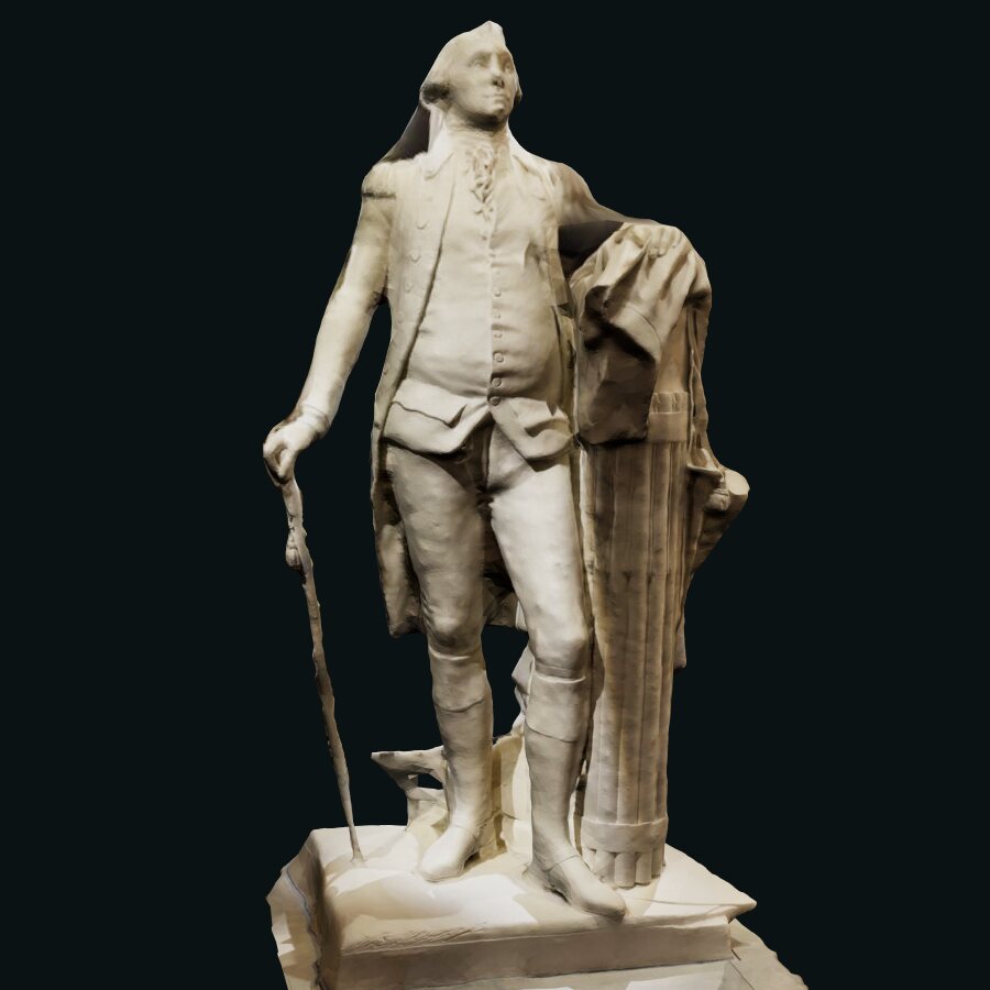 A photogrammetric scan of Jean-Antoine Houdon’s statue of George Washington: standing in eighteenth-century dress, a cane in his right hand, his cloak draped over a bundle of rods beside a ploughshare.